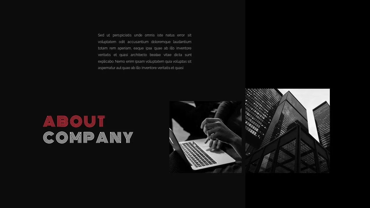 About company slide of google slides dark themes for presentation