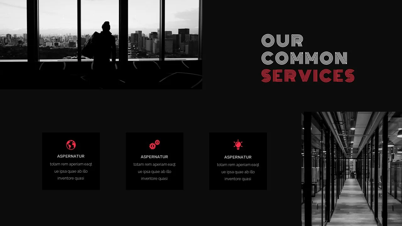 Dark theme templates for google slides our common services slide