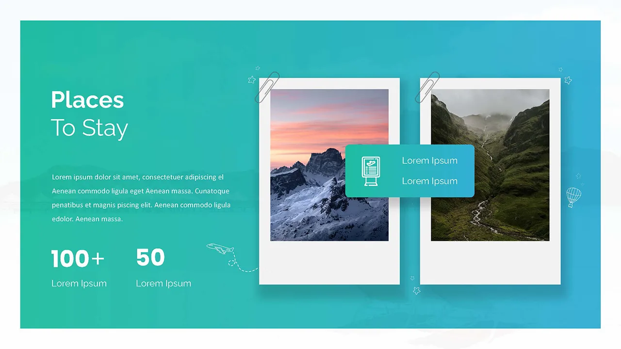 Free Google slides travel theme with details of the places to stay