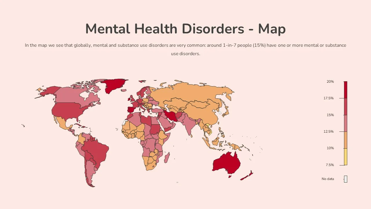 Free mental health google slides theme with world map of mental health disorders