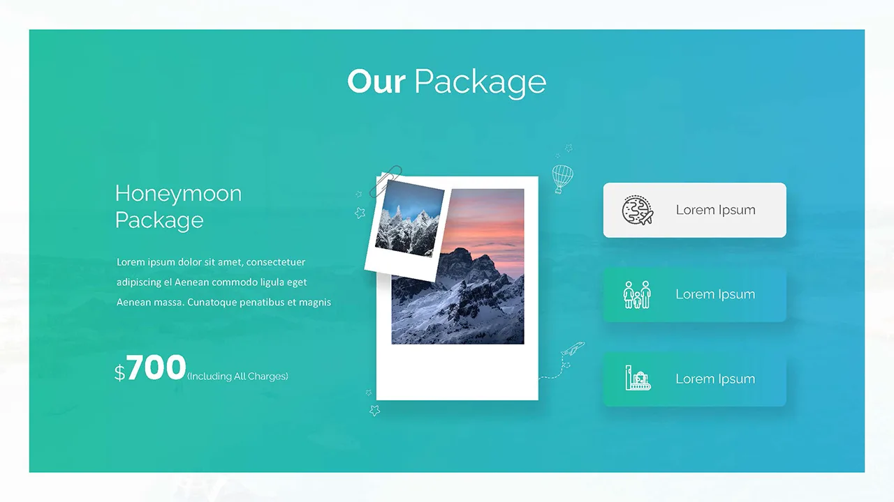 Free travel google slides template for honeymoon package with price details