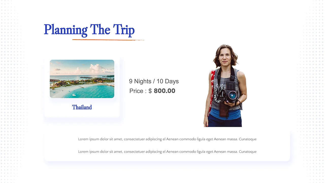 Location and package details slide with images and pricing for Travel google slides template