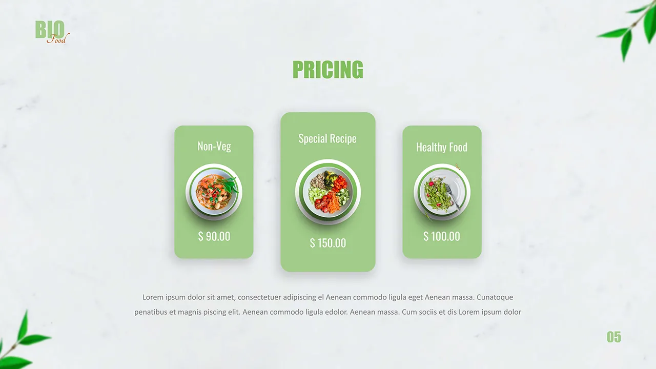 Pricing slide with image of dishes for organic food template for google slides