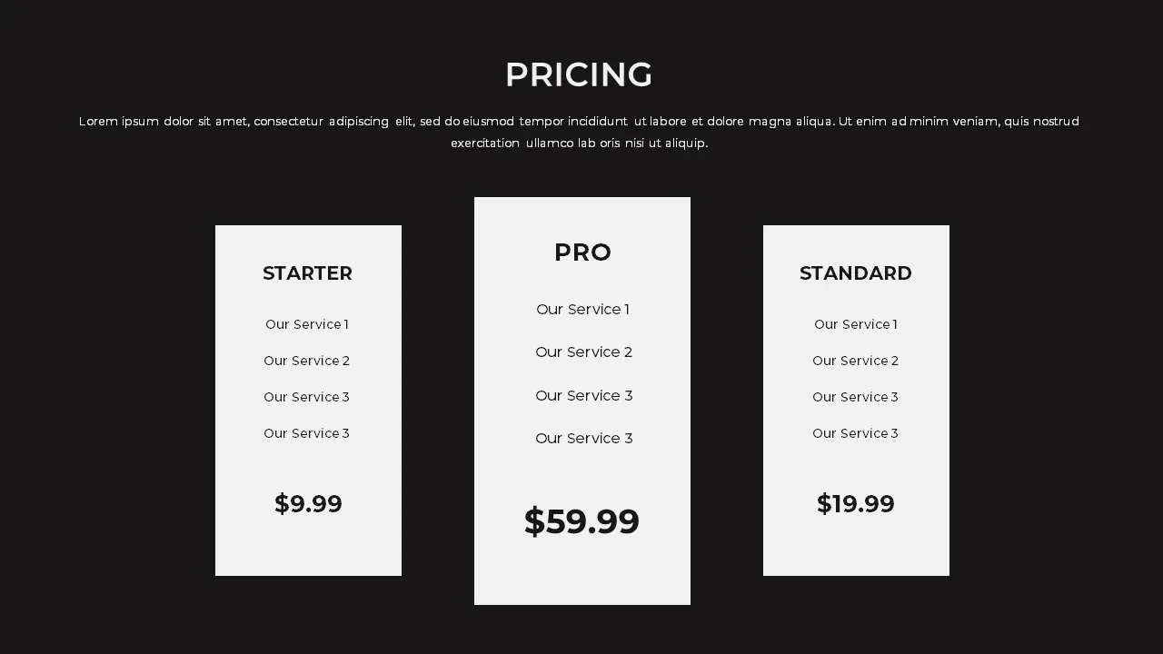 Pricing table slide for monotone presentation google slides template