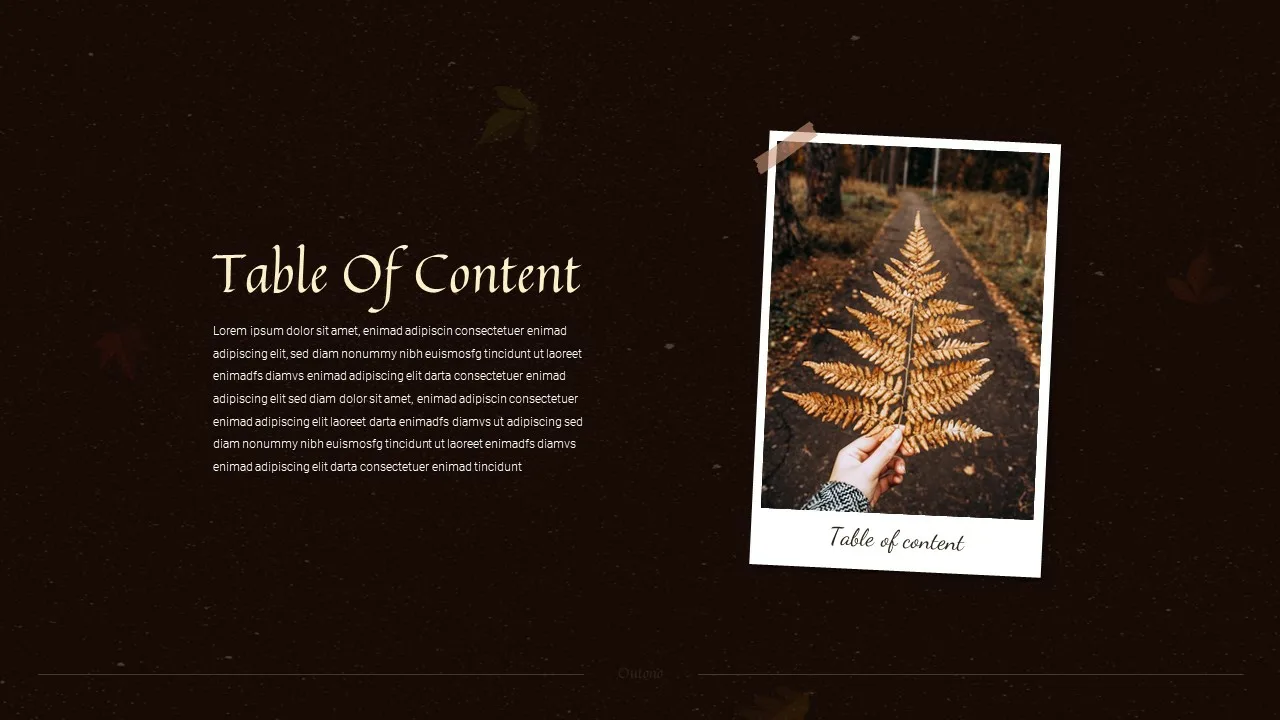 Table of content slide for Autumn presentation template for google slides