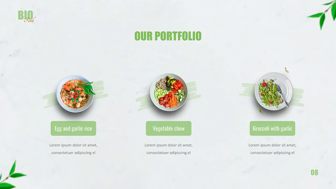 our portfolio slide with dish images for organic food google slides template