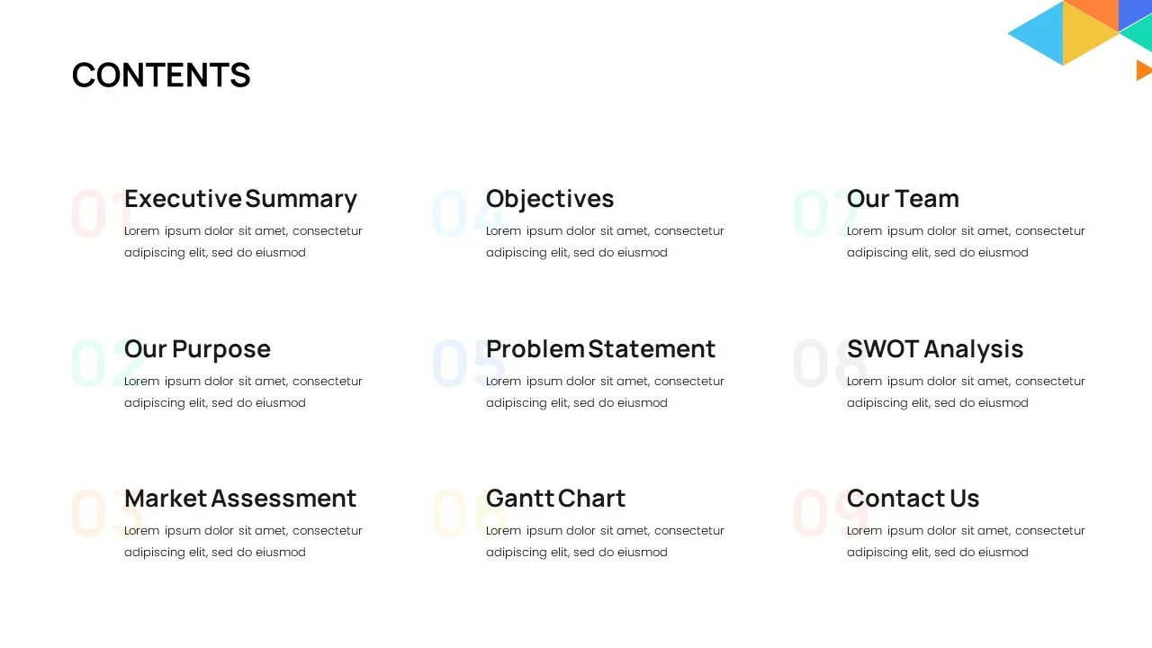 Business Case Presentation Template Contents Slide